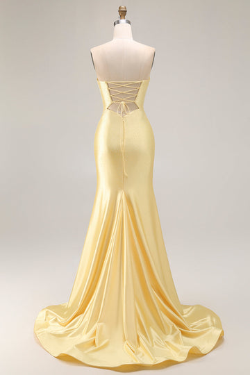 Yellow Mermaid Strapless Beaded Cut-Out Long Prom Dress With Slit
